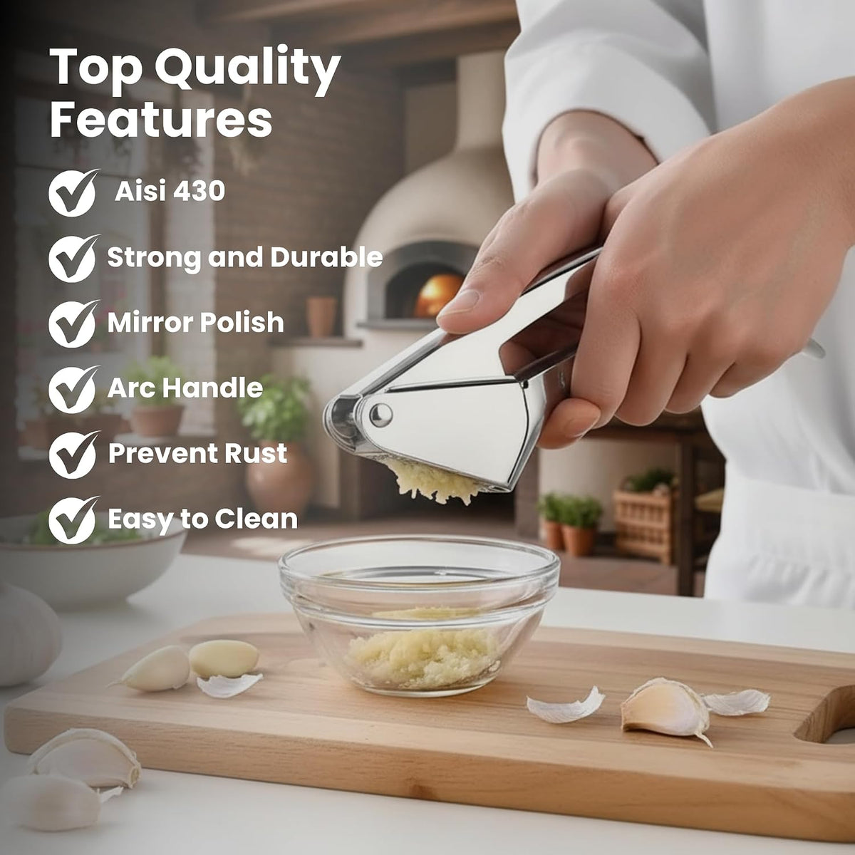 Garlic Press Stainless Steel – Heavy Duty No-Peel Garlic Crusher & Mincer, High Capacity Chamber, Rust-Free 304 Steel, Easy Clean & Dishwasher Safe Clove Crusher & Hand Mincer