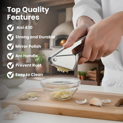 Garlic Press Stainless Steel – Heavy Duty No-Peel Garlic Crusher & Mincer, High Capacity Chamber, Rust-Free 304 Steel, Easy Clean & Dishwasher Safe Clove Crusher & Hand Mincer