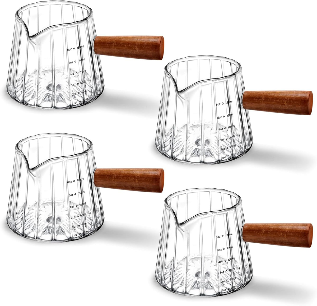 4 PCS 6 Oz Espresso Shot Cups - Espresso Shot Glass with Wood Handle, Clear Borosilicate Glass Measuring Cup with Double Graduations, V-Shaped Mouth, Espresso Accessories