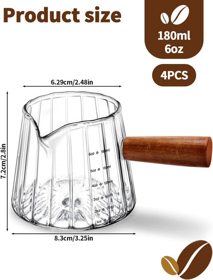 4 PCS 6 Oz Espresso Shot Cups - Espresso Shot Glass with Wood Handle, Clear Borosilicate Glass Measuring Cup with Double Graduations, V-Shaped Mouth, Espresso Accessories