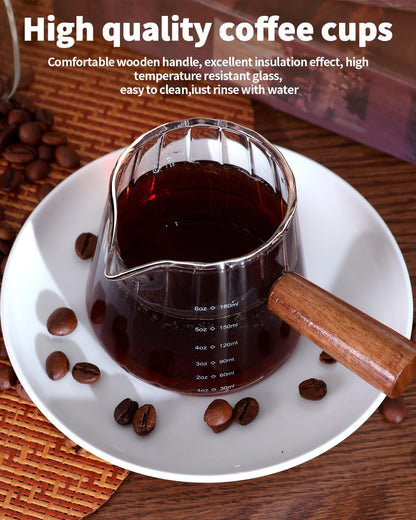 4 PCS 6 Oz Espresso Shot Cups - Espresso Shot Glass with Wood Handle, Clear Borosilicate Glass Measuring Cup with Double Graduations, V-Shaped Mouth, Espresso Accessories