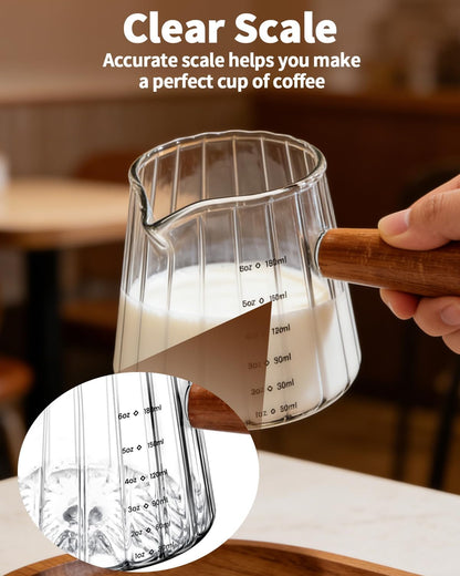 4 PCS 6 Oz Espresso Shot Cups - Espresso Shot Glass with Wood Handle, Clear Borosilicate Glass Measuring Cup with Double Graduations, V-Shaped Mouth, Espresso Accessories
