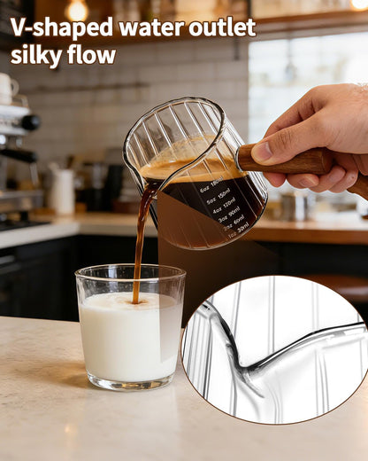 4 PCS 6 Oz Espresso Shot Cups - Espresso Shot Glass with Wood Handle, Clear Borosilicate Glass Measuring Cup with Double Graduations, V-Shaped Mouth, Espresso Accessories