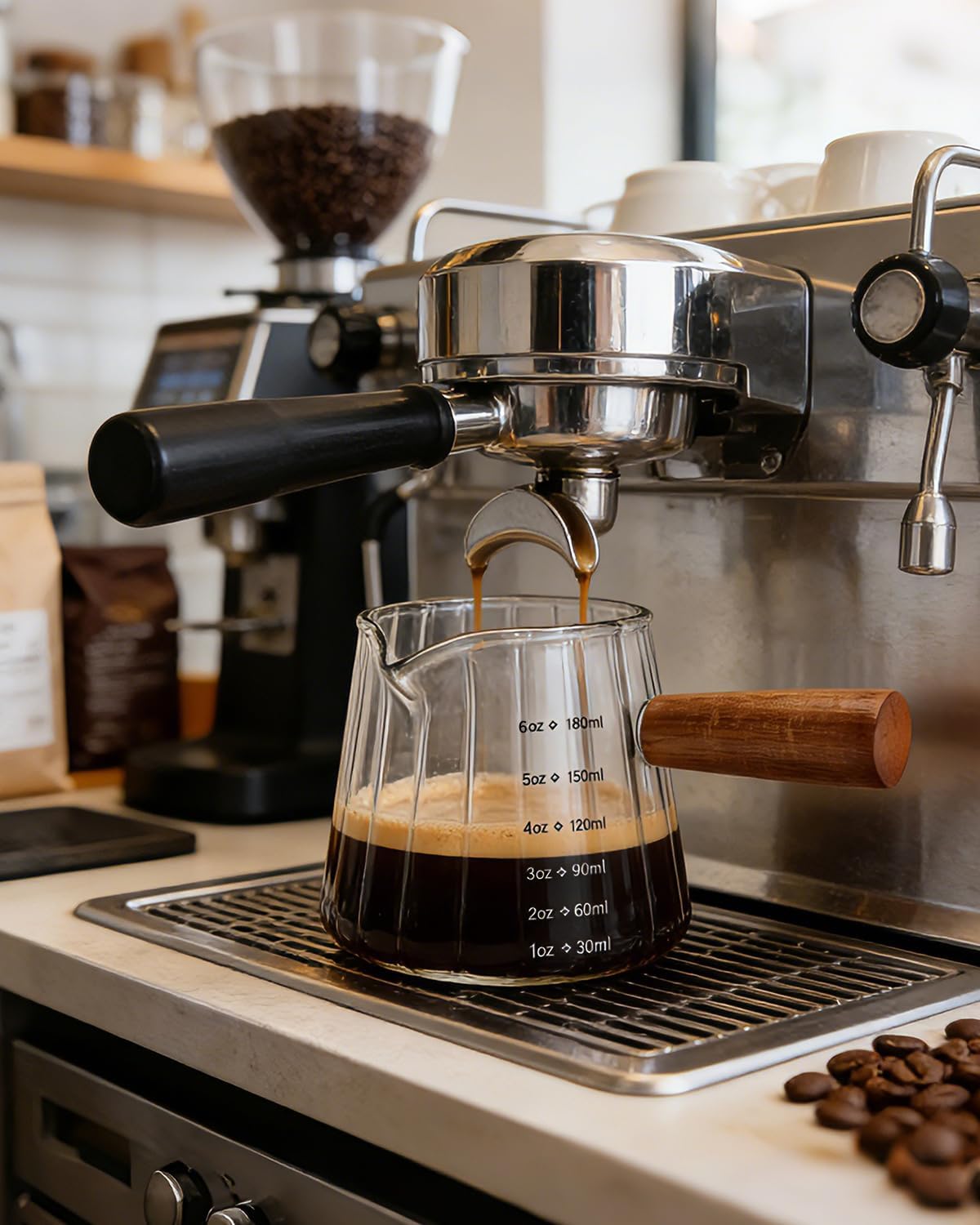 4 PCS 6 Oz Espresso Shot Cups - Espresso Shot Glass with Wood Handle, Clear Borosilicate Glass Measuring Cup with Double Graduations, V-Shaped Mouth, Espresso Accessories