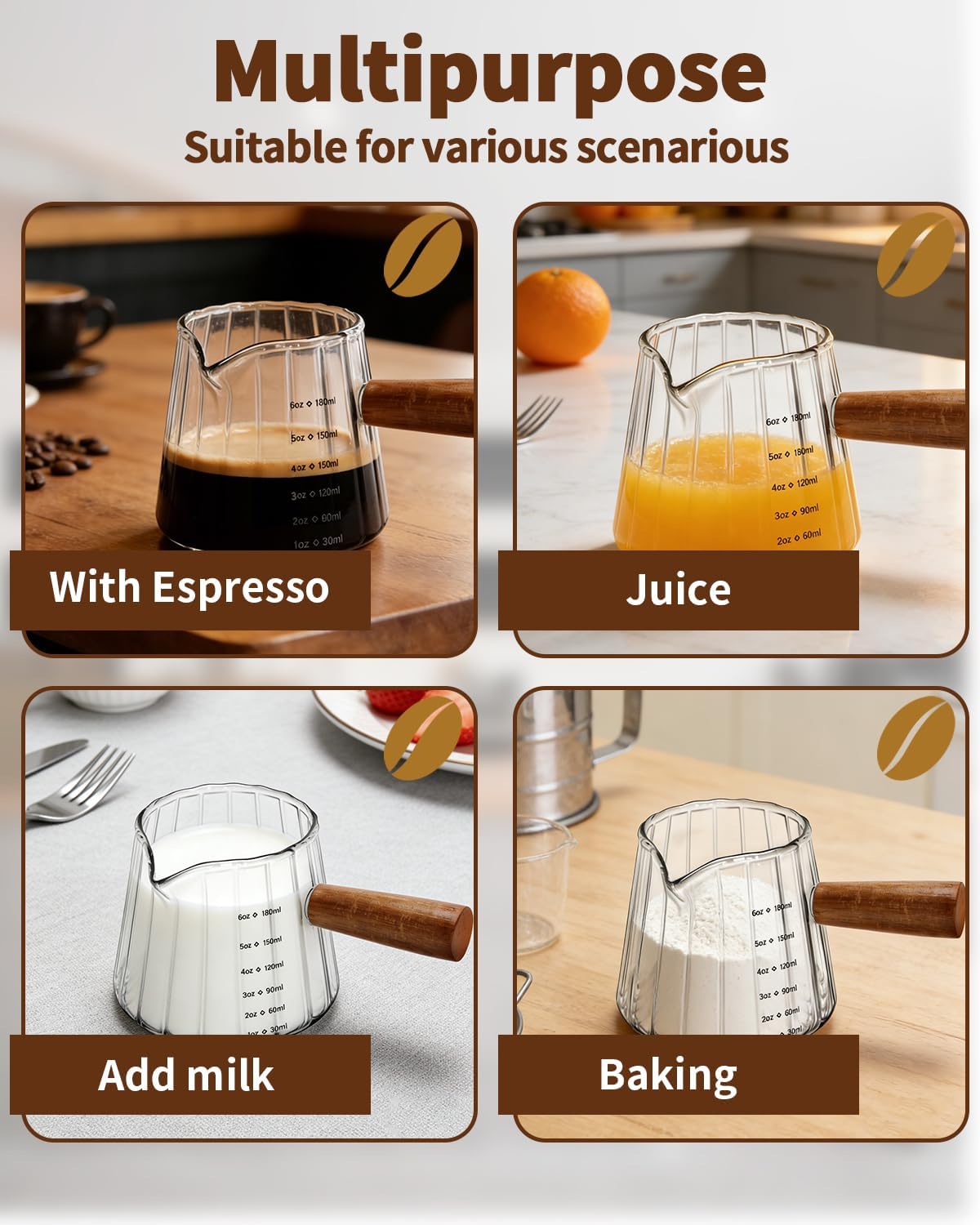 4 PCS 6 Oz Espresso Shot Cups - Espresso Shot Glass with Wood Handle, Clear Borosilicate Glass Measuring Cup with Double Graduations, V-Shaped Mouth, Espresso Accessories
