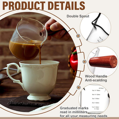 2 Pack Espresso Cups 5oz, Expresso Shots Cup, Double Spouts Cups, Shot Glasses with Wood Handle Measuring Triple Pitcher Milk Cup Clear Measuring Coffee Shot Glass for Barista Coffee Measure