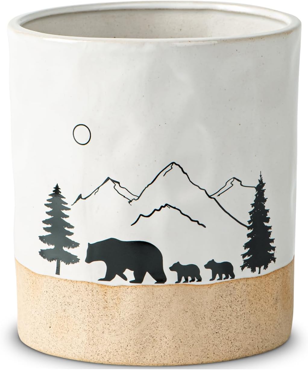 Ceramic Utensil Holder Nature Bear Design for Countertop utensil Crock | Ceramic utensil holder with a mountain and bear design keeps cooking tools organized while enhancing rustic kitchen décor.