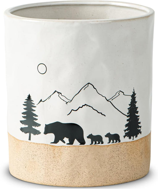 Ceramic Utensil Holder Nature Bear Design for Countertop utensil Crock | Ceramic utensil holder with a mountain and bear design keeps cooking tools organized while enhancing rustic kitchen décor.