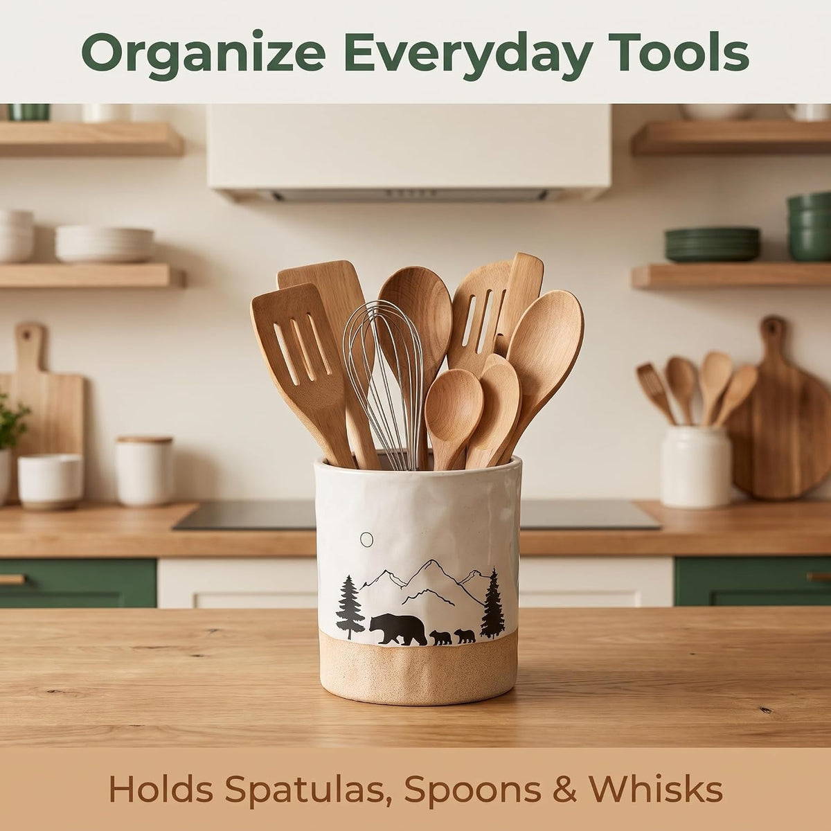 Ceramic Utensil Holder Nature Bear Design for Countertop utensil Crock | Ceramic utensil holder with a mountain and bear design keeps cooking tools organized while enhancing rustic kitchen décor.
