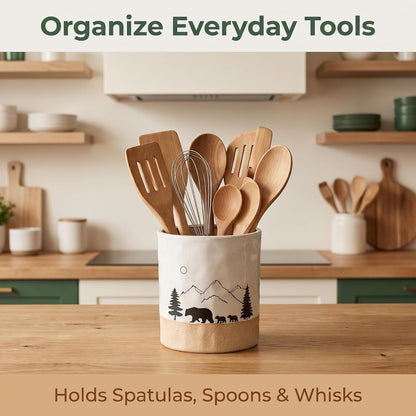 Ceramic Utensil Holder Nature Bear Design for Countertop utensil Crock | Ceramic utensil holder with a mountain and bear design keeps cooking tools organized while enhancing rustic kitchen décor.