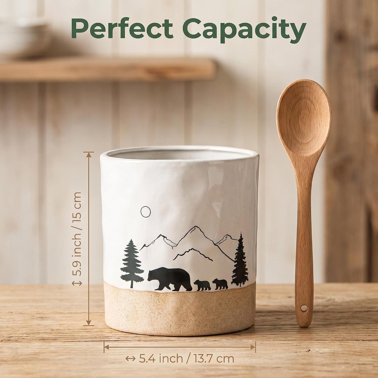 Ceramic Utensil Holder Nature Bear Design for Countertop utensil Crock | Ceramic utensil holder with a mountain and bear design keeps cooking tools organized while enhancing rustic kitchen décor.
