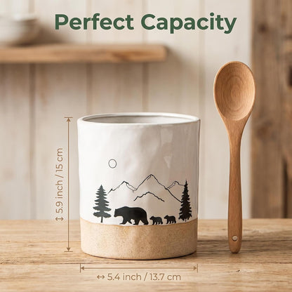 Ceramic Utensil Holder Nature Bear Design for Countertop utensil Crock | Ceramic utensil holder with a mountain and bear design keeps cooking tools organized while enhancing rustic kitchen décor.