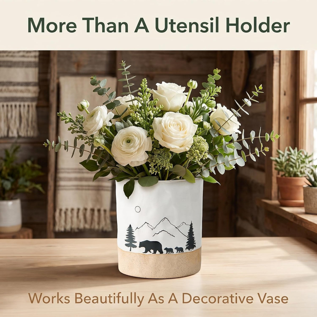 Ceramic Utensil Holder Nature Bear Design for Countertop utensil Crock | Ceramic utensil holder with a mountain and bear design keeps cooking tools organized while enhancing rustic kitchen décor.