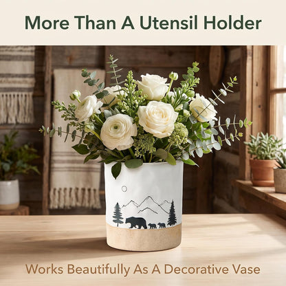 Ceramic Utensil Holder Nature Bear Design for Countertop utensil Crock | Ceramic utensil holder with a mountain and bear design keeps cooking tools organized while enhancing rustic kitchen décor.