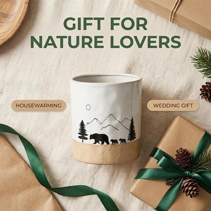 Ceramic Utensil Holder Nature Bear Design for Countertop utensil Crock | Ceramic utensil holder with a mountain and bear design keeps cooking tools organized while enhancing rustic kitchen décor.