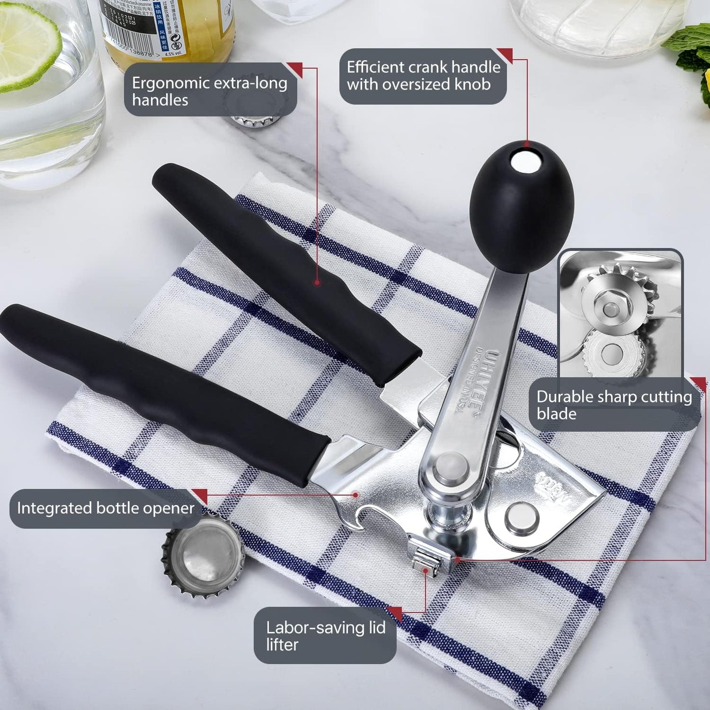 Commercial Can Opener, Hand Crank Can Opener Manual Heavy Duty with Comfortable Extra-long Handles, Oversized Knob, Large Handheld Can Open Easy for Big Cans, Black
