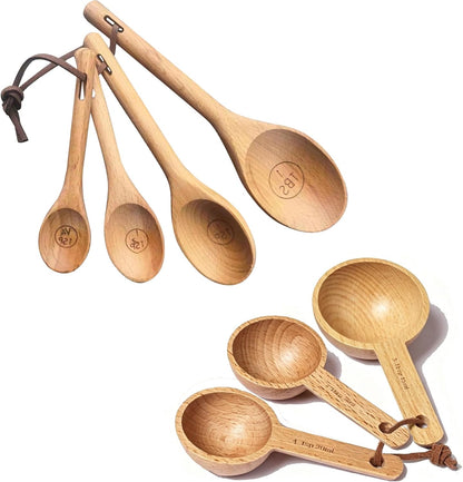 7pcs Wooden Measuring Cups & Spoons Set,Rustic Kitchen Measuring Tools