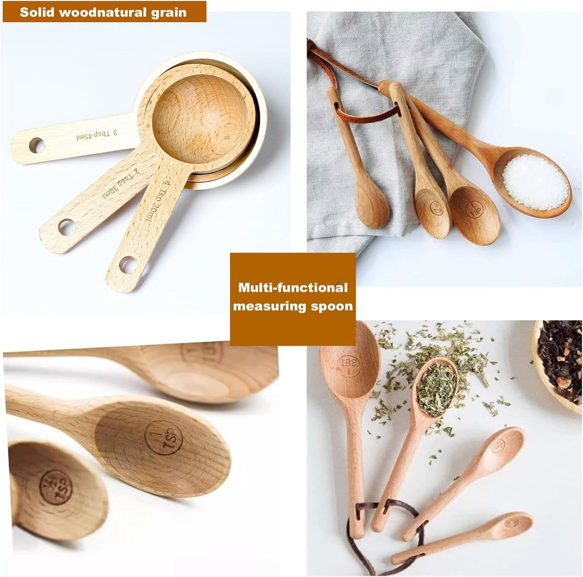 7pcs Wooden Measuring Cups & Spoons Set,Rustic Kitchen Measuring Tools