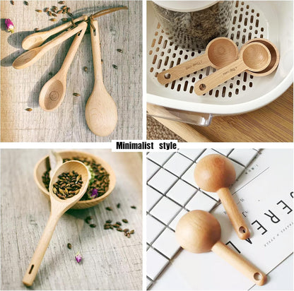 7pcs Wooden Measuring Cups & Spoons Set,Rustic Kitchen Measuring Tools