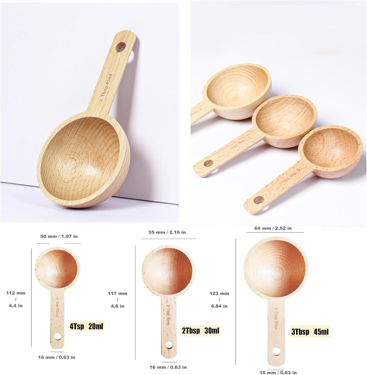 7pcs Wooden Measuring Cups & Spoons Set,Rustic Kitchen Measuring Tools