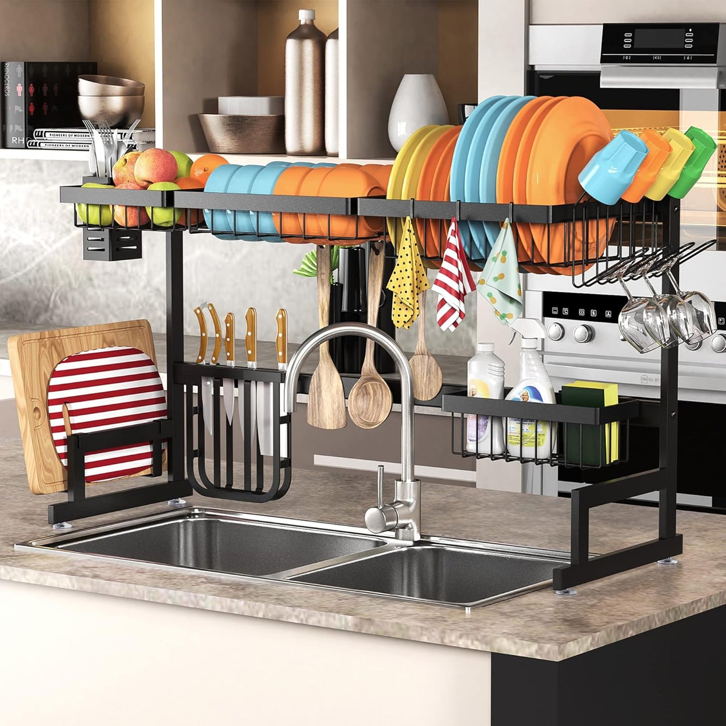 Over the Sink Dish Drying Rack, 2 Tier Adjustable Large Capacity Stainless Steel Dish Rack for Kitchen Counter, Heavy Duty Space Saver Organizer with Utensil Holder, Black