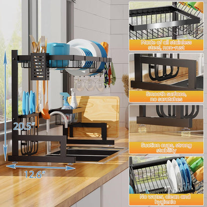 Over the Sink Dish Drying Rack, 2 Tier Adjustable Large Capacity Stainless Steel Dish Rack for Kitchen Counter, Heavy Duty Space Saver Organizer with Utensil Holder, Black