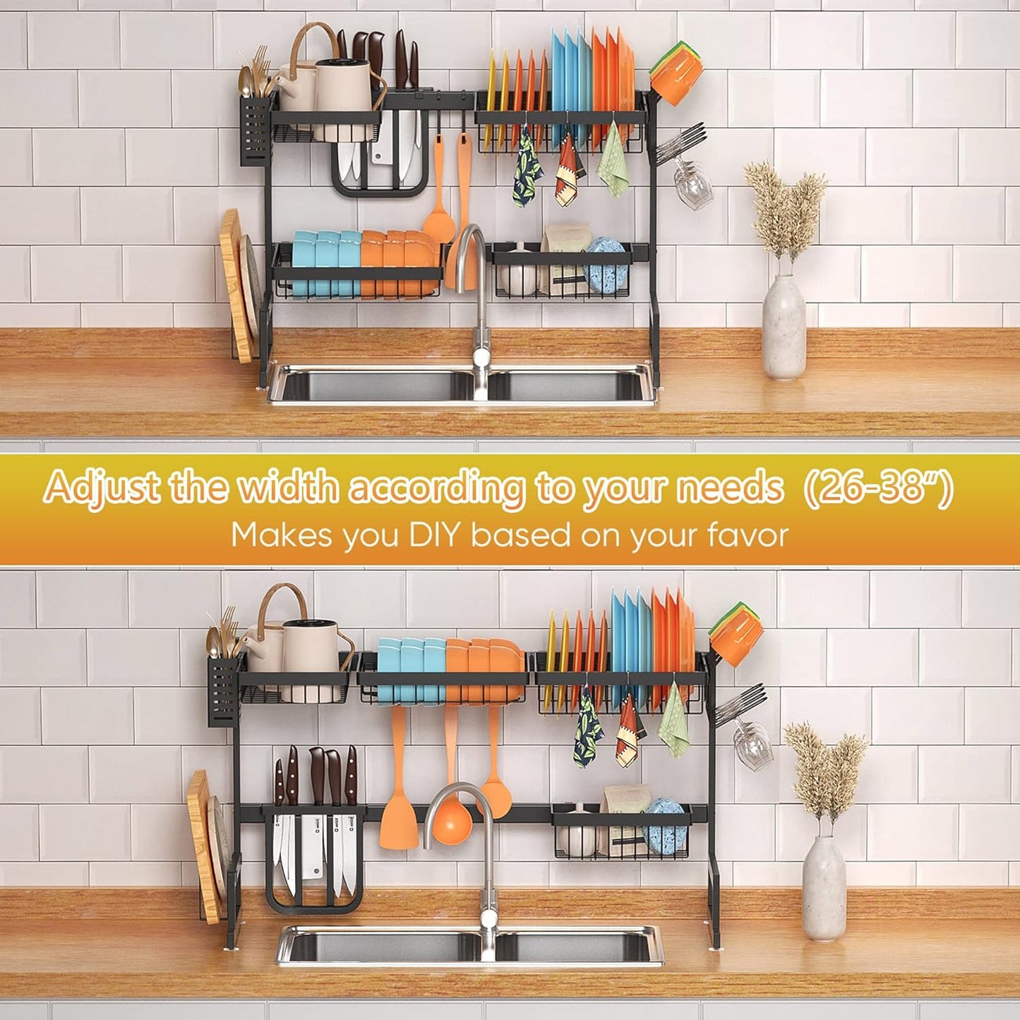 Over the Sink Dish Drying Rack, 2 Tier Adjustable Large Capacity Stainless Steel Dish Rack for Kitchen Counter, Heavy Duty Space Saver Organizer with Utensil Holder, Black