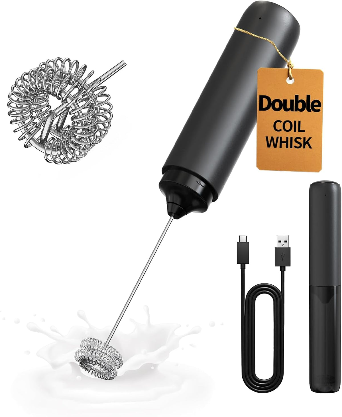 Rechargeable Milk Frother Handheld, Dual Coil Whisk Head Electric Coffee Frother, Portable Hand Frother Wand Drink Mixer for Matcha Lattes Cappuccino, Kitchen Gifts, Black