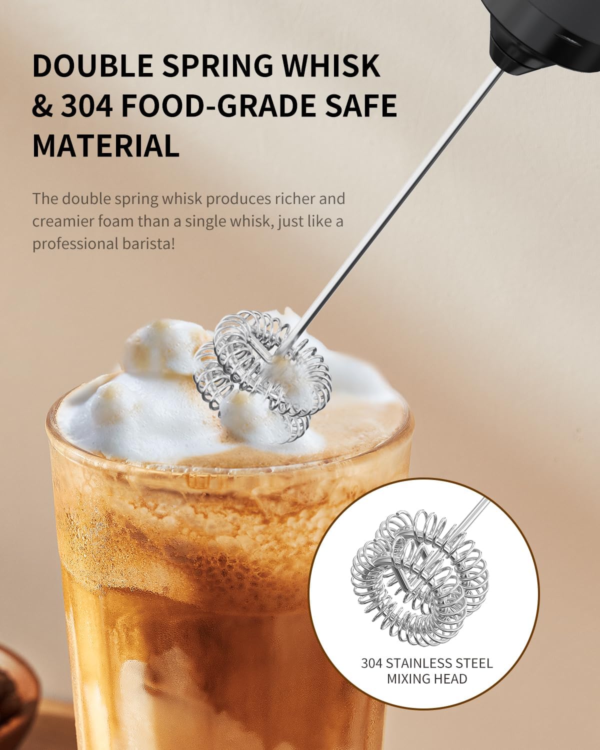 Rechargeable Milk Frother Handheld, Dual Coil Whisk Head Electric Coffee Frother, Portable Hand Frother Wand Drink Mixer for Matcha Lattes Cappuccino, Kitchen Gifts, Black
