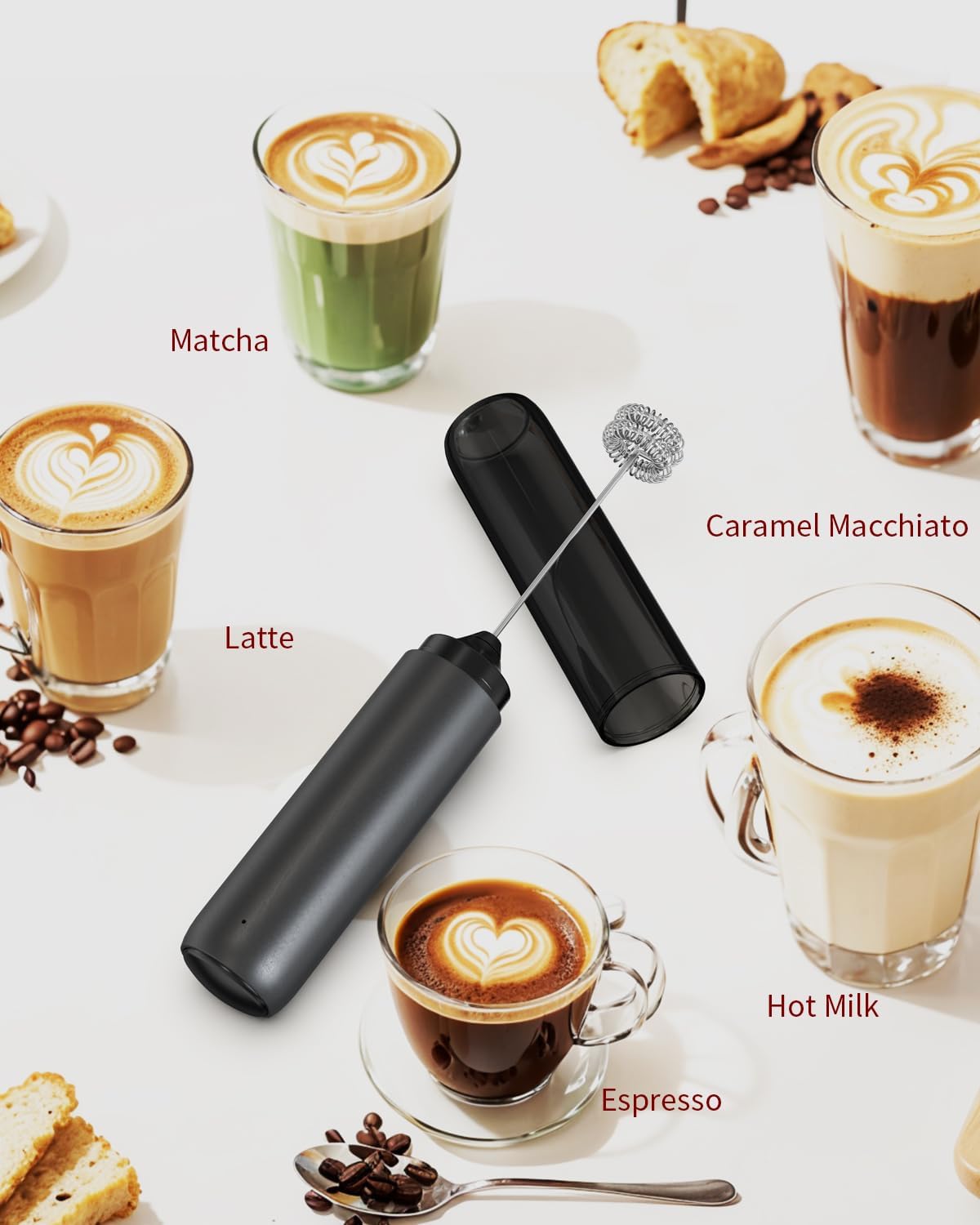 Rechargeable Milk Frother Handheld, Dual Coil Whisk Head Electric Coffee Frother, Portable Hand Frother Wand Drink Mixer for Matcha Lattes Cappuccino, Kitchen Gifts, Black