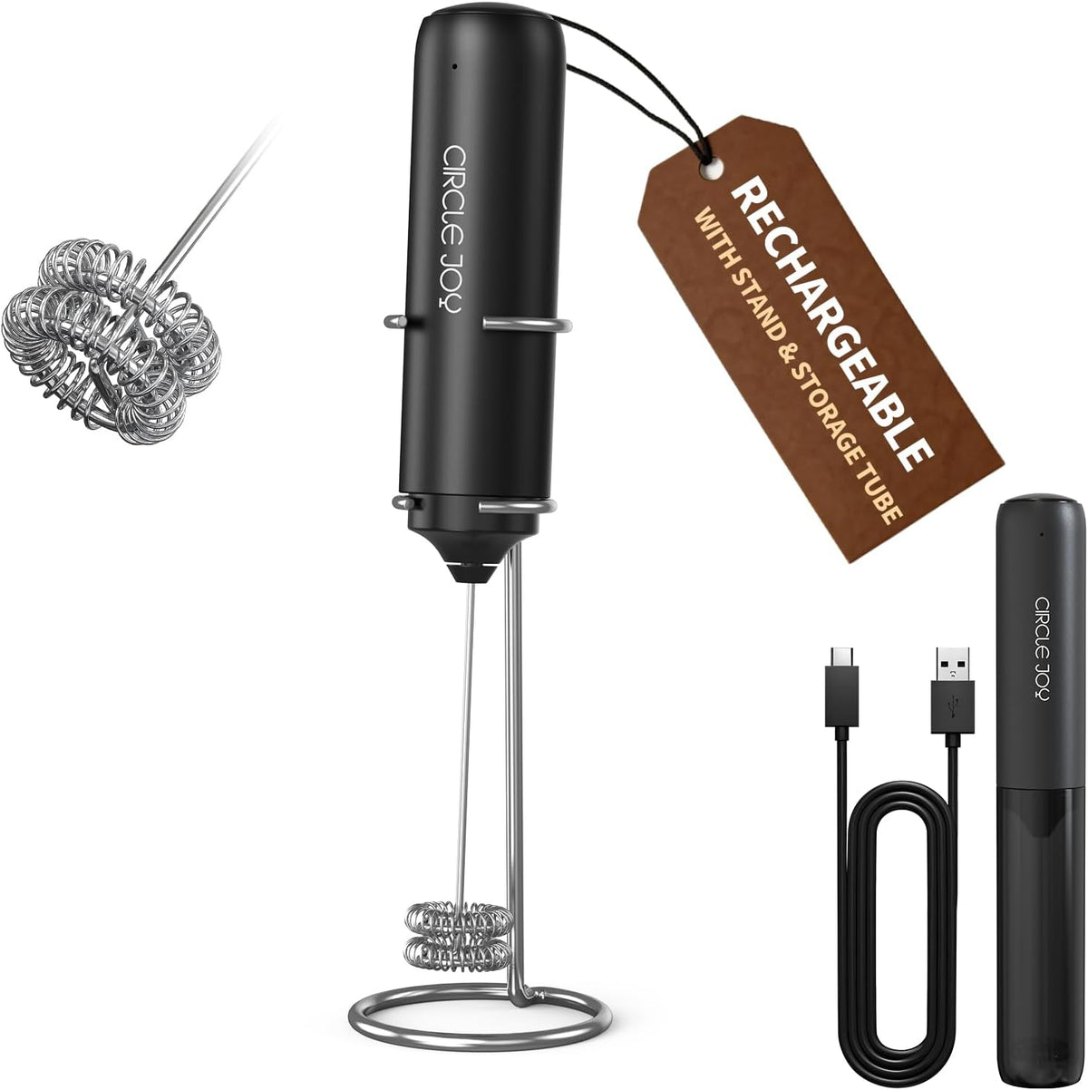Rechargeable Milk Frother Handheld, Dual Coil Whisk Head Electric Coffee Frother, Portable Hand Frother Wand Drink Mixer for Matcha Lattes Cappuccino, Kitchen Gifts, Black