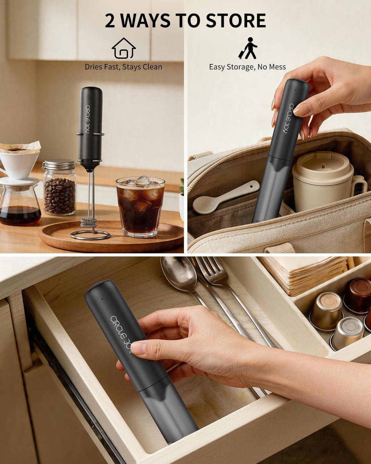 Rechargeable Milk Frother Handheld, Dual Coil Whisk Head Electric Coffee Frother, Portable Hand Frother Wand Drink Mixer for Matcha Lattes Cappuccino, Kitchen Gifts, Black