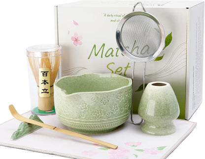 Matcha Whisk Set, 7Pcs Ceramic Matcha Kit with Cherry Blossom Design