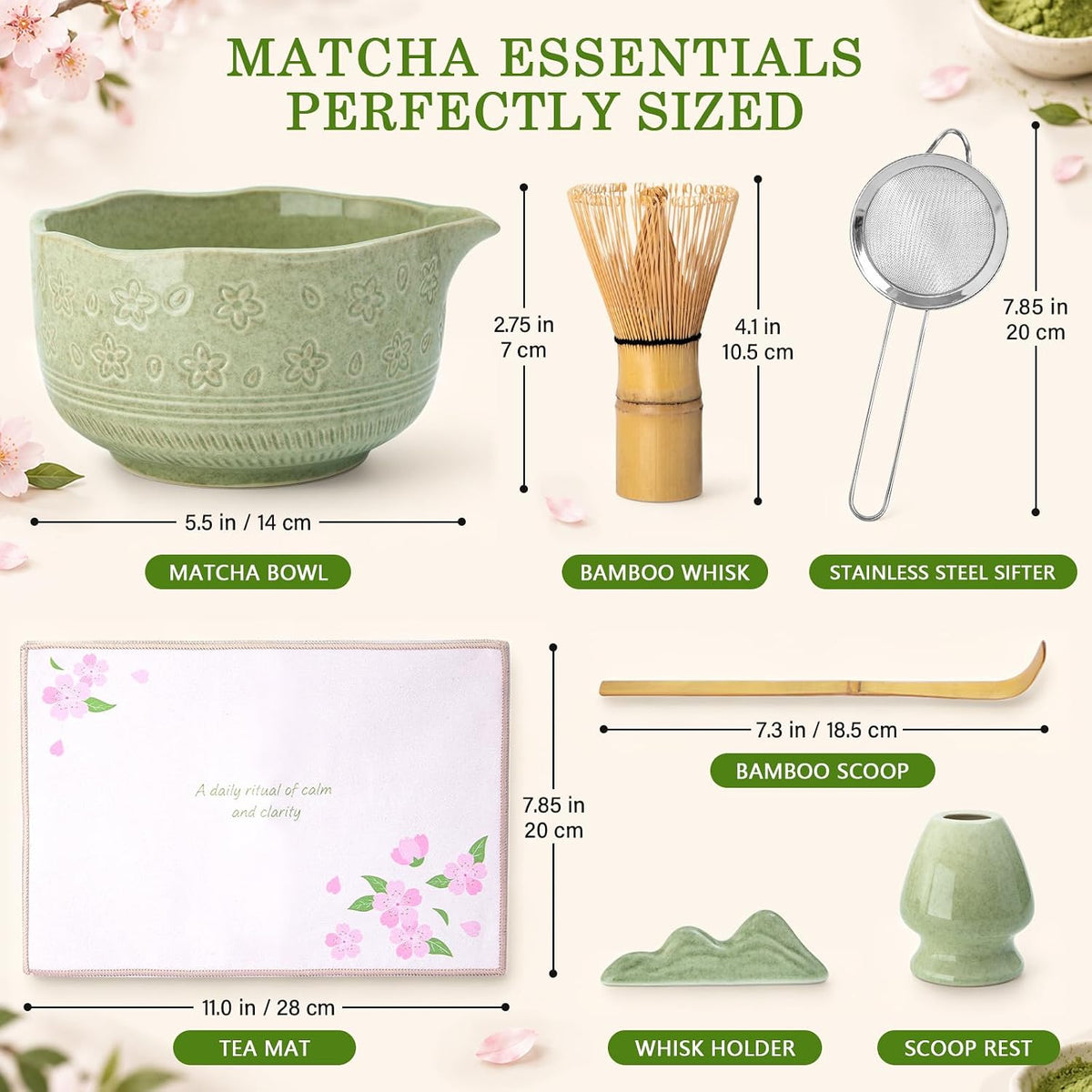 Matcha Whisk Set, 7Pcs Ceramic Matcha Kit with Cherry Blossom Design