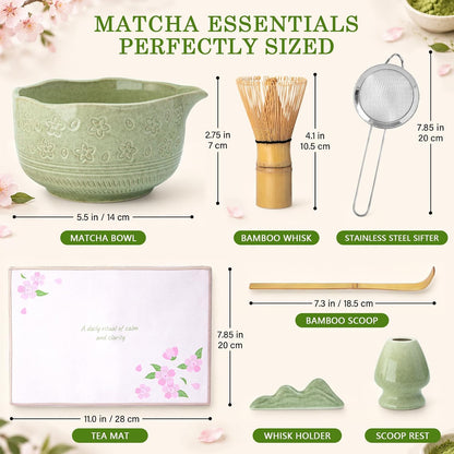 Matcha Whisk Set, 7Pcs Ceramic Matcha Kit with Cherry Blossom Design