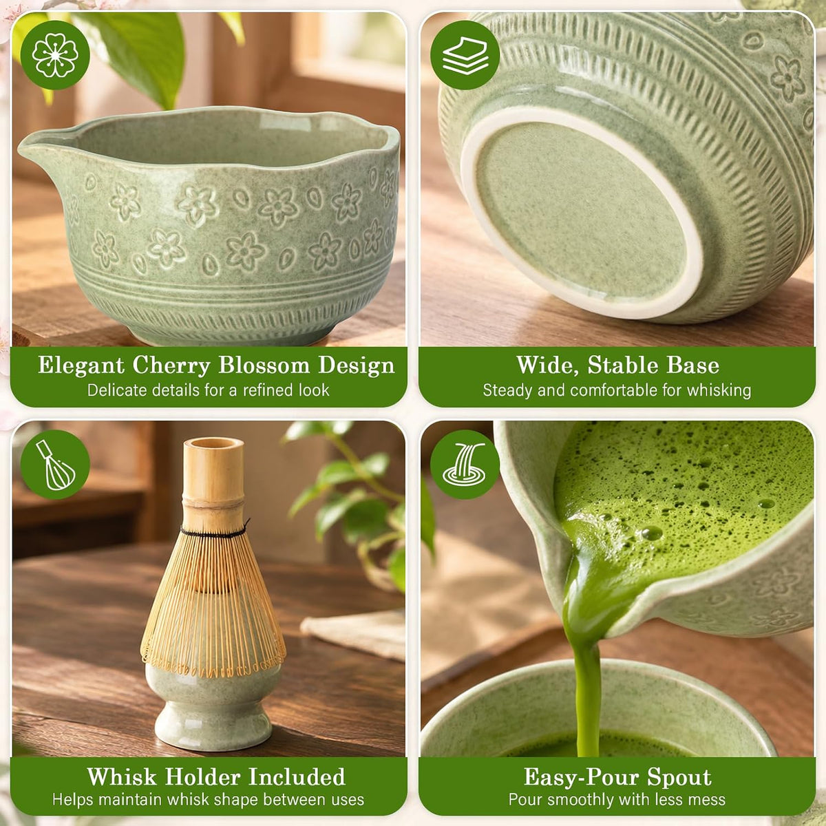 Matcha Whisk Set, 7Pcs Ceramic Matcha Kit with Cherry Blossom Design