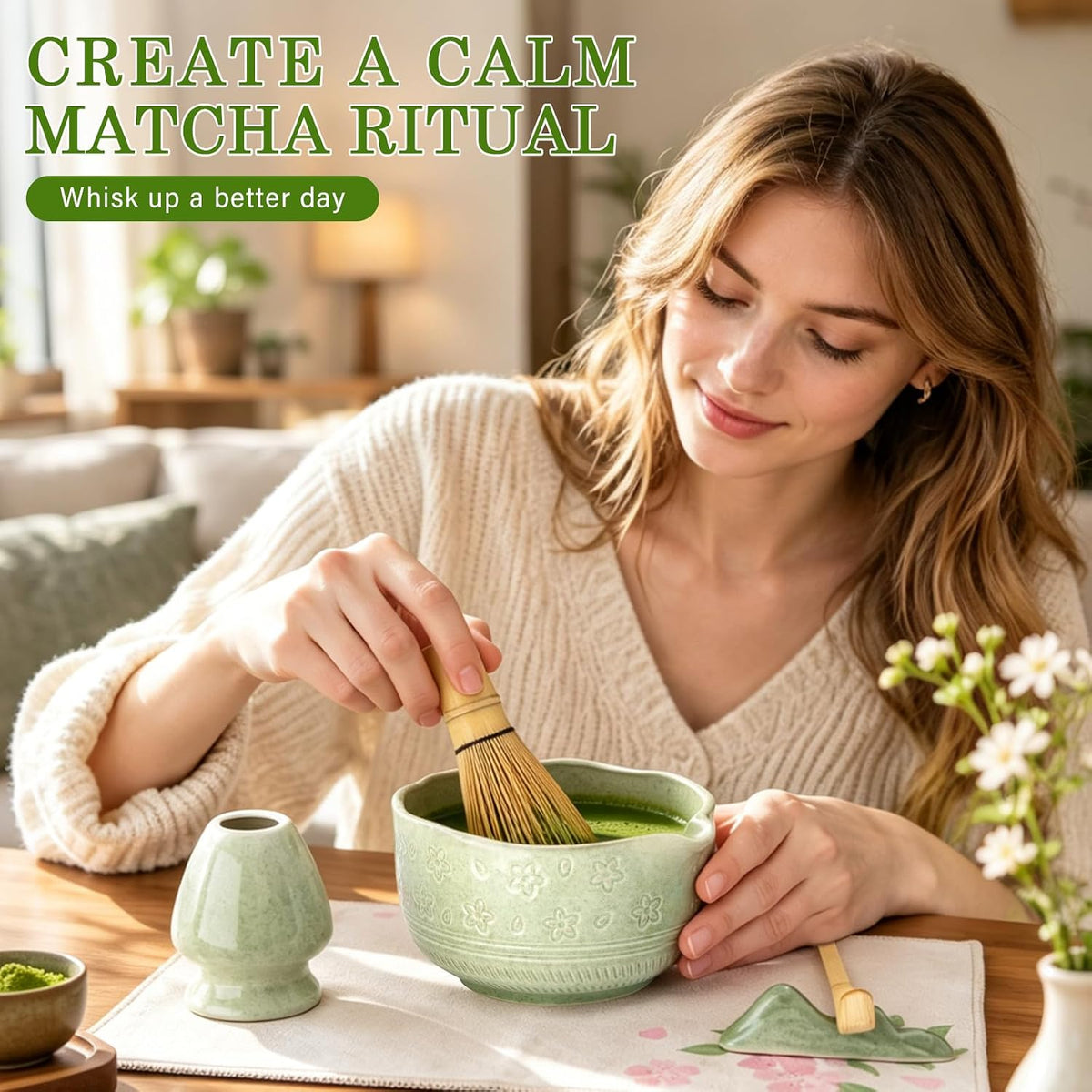 Matcha Whisk Set, 7Pcs Ceramic Matcha Kit with Cherry Blossom Design