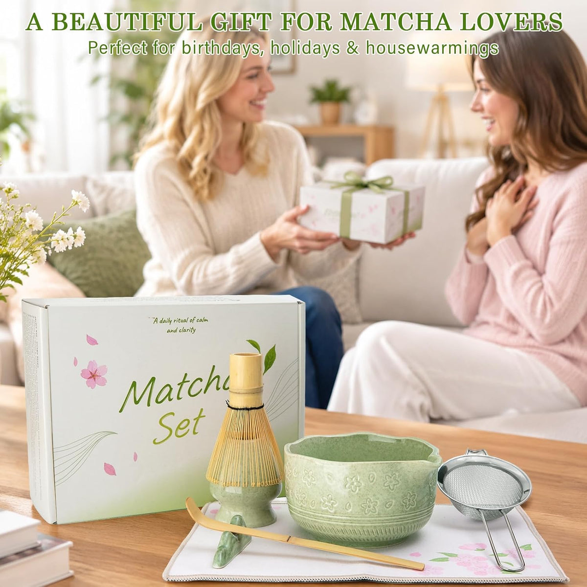 Matcha Whisk Set, 7Pcs Ceramic Matcha Kit with Cherry Blossom Design