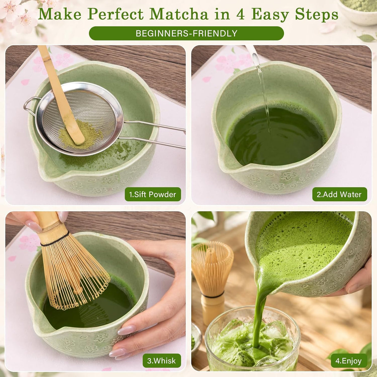 Matcha Whisk Set, 7Pcs Ceramic Matcha Kit with Cherry Blossom Design