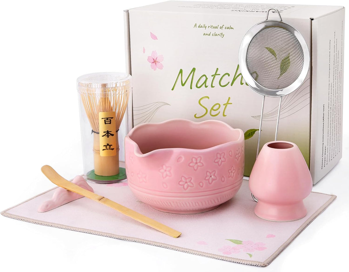 Matcha Whisk Set, 7Pcs Ceramic Matcha Kit with Cherry Blossom Design