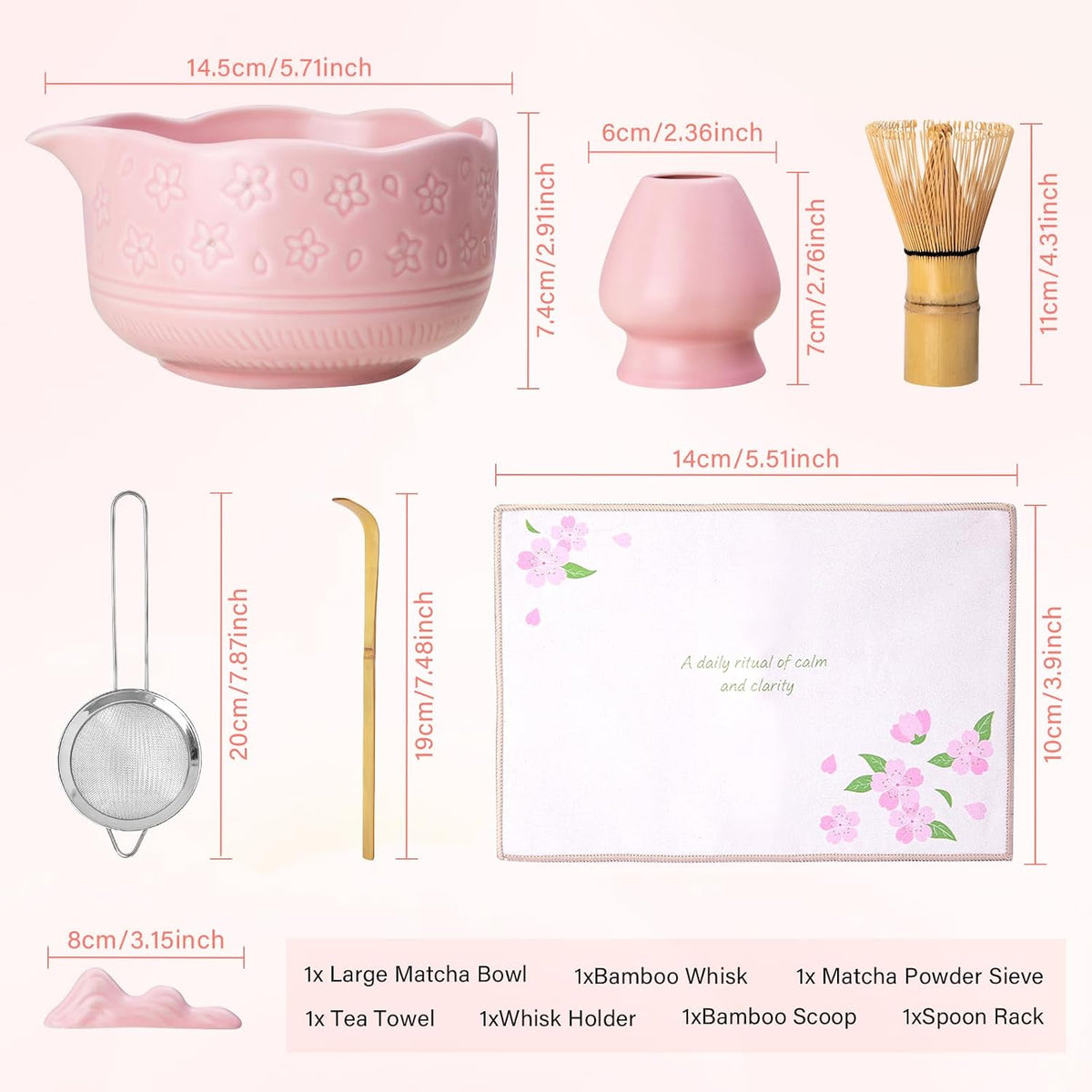 Matcha Whisk Set, 7Pcs Ceramic Matcha Kit with Cherry Blossom Design