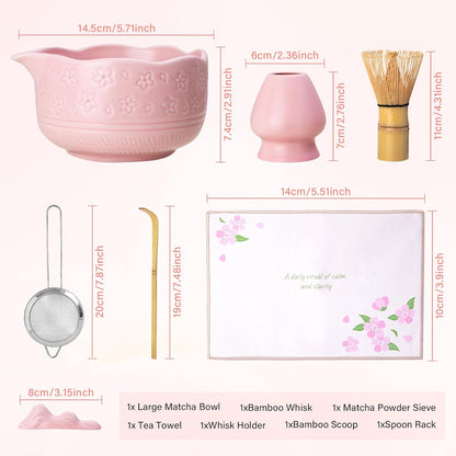 Matcha Whisk Set, 7Pcs Ceramic Matcha Kit with Cherry Blossom Design