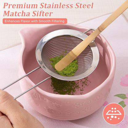 Matcha Whisk Set, 7Pcs Ceramic Matcha Kit with Cherry Blossom Design