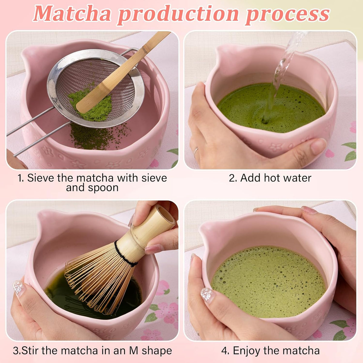 Matcha Whisk Set, 7Pcs Ceramic Matcha Kit with Cherry Blossom Design