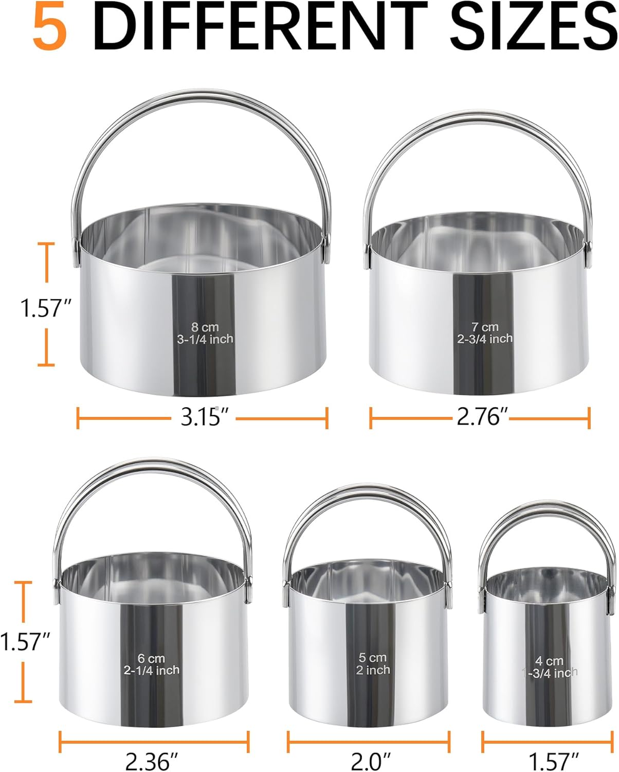 Biscuit Cutter Set with Handle, 5pcs Cookie Cutters | Pastry, Cakes, Donut Baking Tool, Stainless Steel, Dishwasher Safe, In/cm Markings, Ergonomic Arched Grip