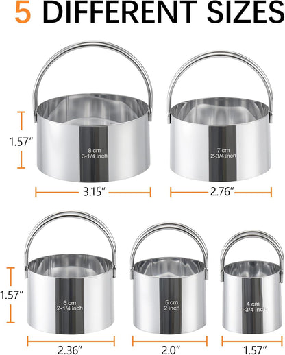 Biscuit Cutter Set with Handle, 5pcs Cookie Cutters | Pastry, Cakes, Donut Baking Tool, Stainless Steel, Dishwasher Safe, In/cm Markings, Ergonomic Arched Grip