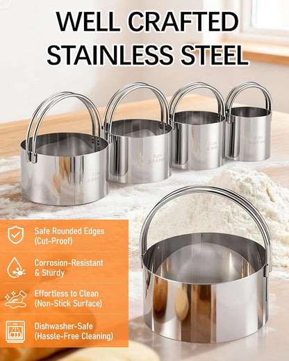 Biscuit Cutter Set with Handle, 5pcs Cookie Cutters | Pastry, Cakes, Donut Baking Tool, Stainless Steel, Dishwasher Safe, In/cm Markings, Ergonomic Arched Grip
