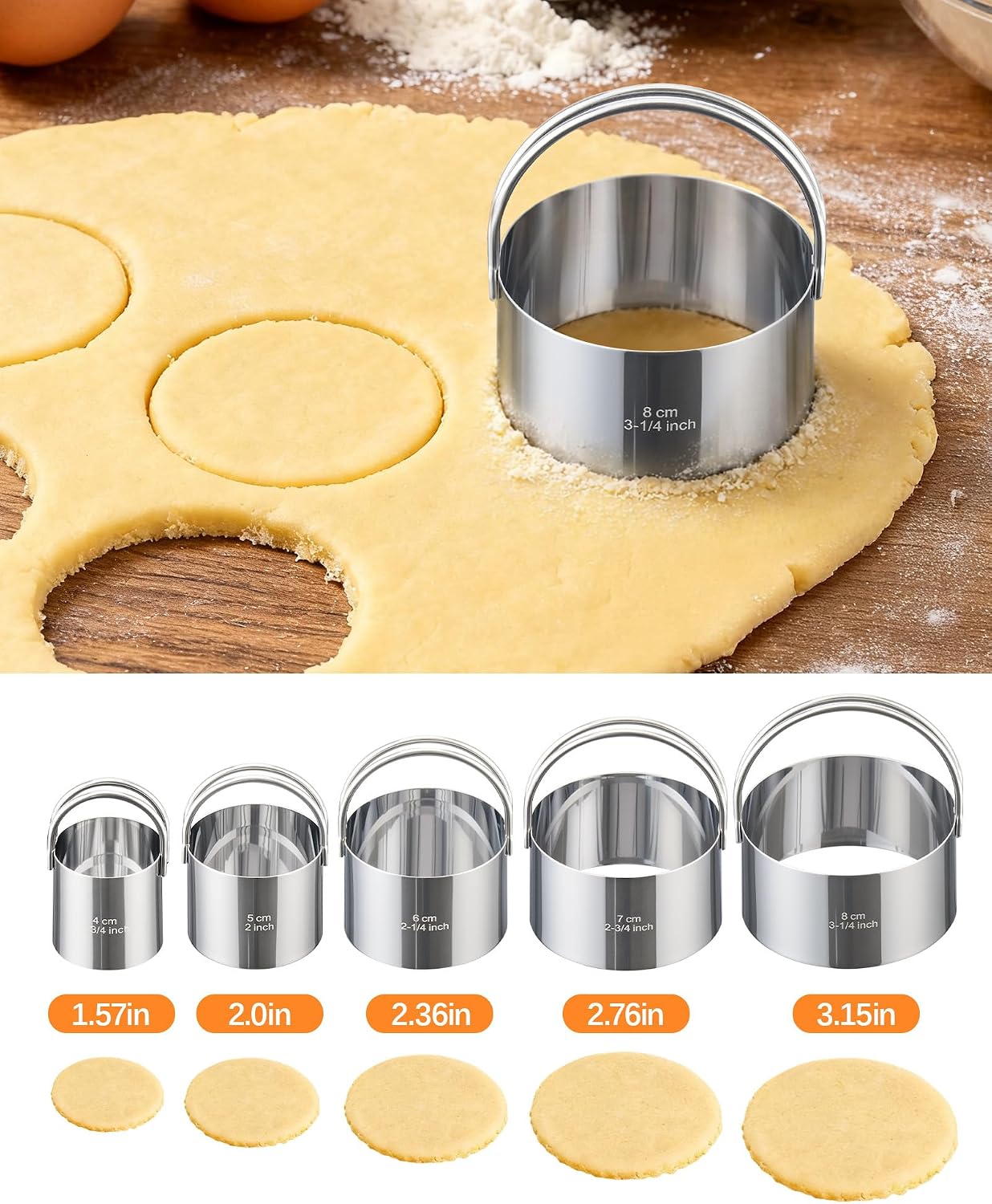 Biscuit Cutter Set with Handle, 5pcs Cookie Cutters | Pastry, Cakes, Donut Baking Tool, Stainless Steel, Dishwasher Safe, In/cm Markings, Ergonomic Arched Grip