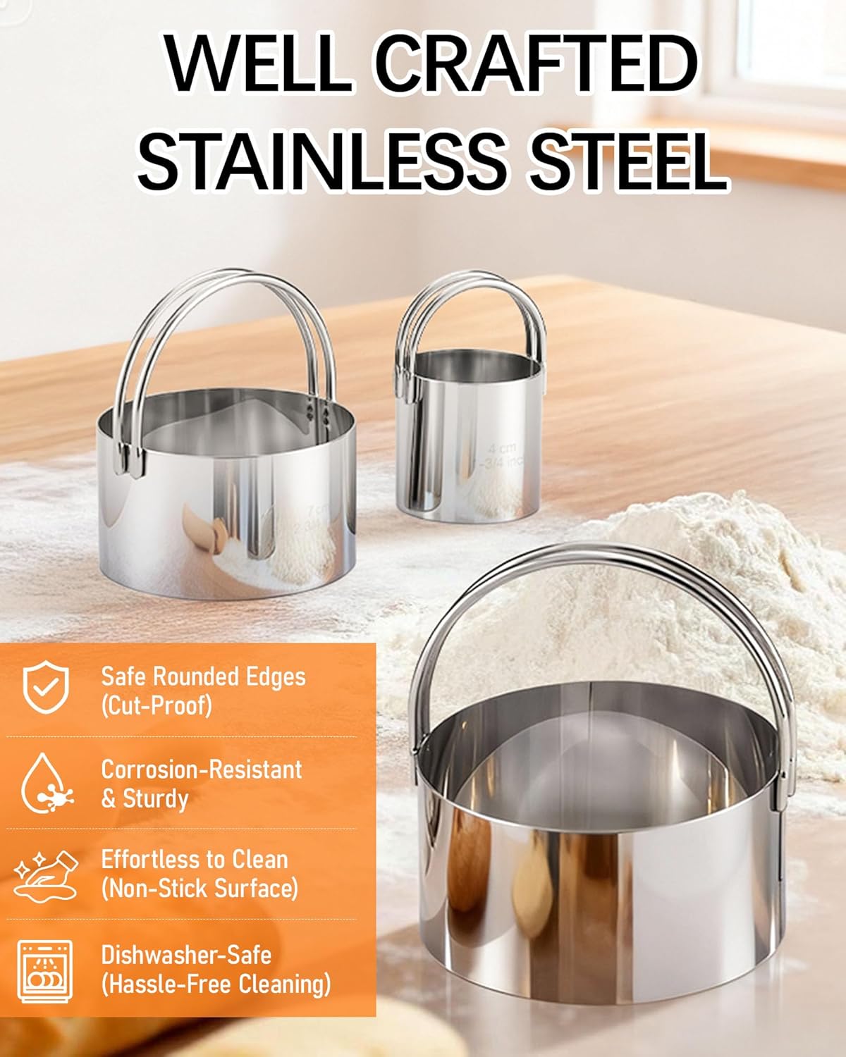 Biscuit Cutter Set with Handle, 5pcs Cookie Cutters | Pastry, Cakes, Donut Baking Tool, Stainless Steel, Dishwasher Safe, In/cm Markings, Ergonomic Arched Grip