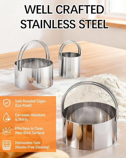 Biscuit Cutter Set with Handle, 5pcs Cookie Cutters | Pastry, Cakes, Donut Baking Tool, Stainless Steel, Dishwasher Safe, In/cm Markings, Ergonomic Arched Grip